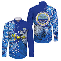 Micronesia Sea Turtle Family Matching Short Sleeve Bodycon Dress and Hawaiian Shirt Federated States Of Micronesia Tribal Floral Pattern TS04 Dad's Shirt - Long Sleeve Blue White - Polynesian Pride
