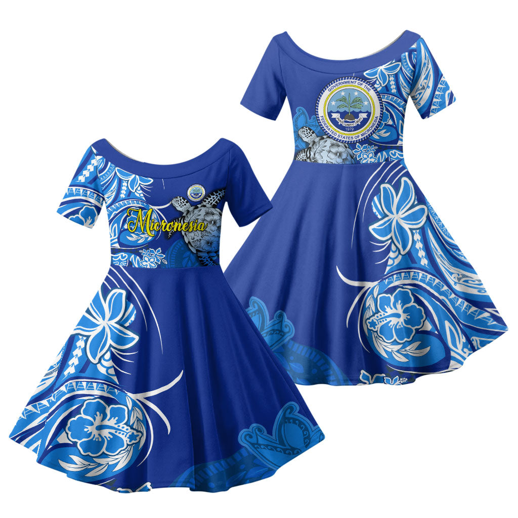 Micronesia Sea Turtle Family Matching Short Sleeve Bodycon Dress and Hawaiian Shirt Federated States Of Micronesia Tribal Floral Pattern TS04 Daughter's Dress Blue White - Polynesian Pride