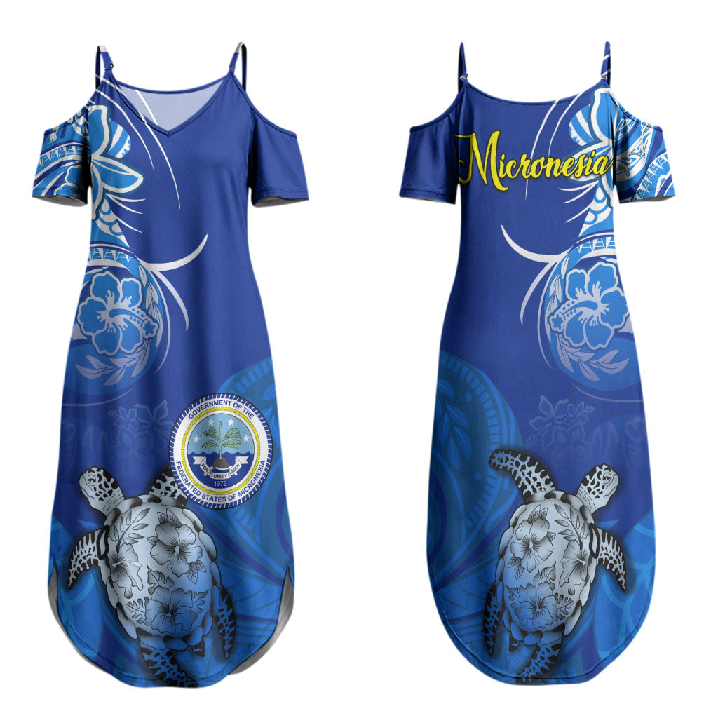 Micronesia Sea Turtle Family Matching Summer Maxi Dress and Hawaiian Shirt Federated States Of Micronesia Tribal Floral Pattern TS04 Mom's Dress Blue White - Polynesian Pride