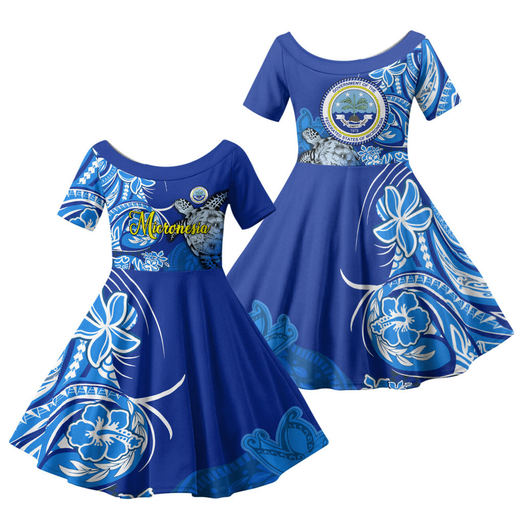Micronesia Sea Turtle Family Matching Summer Maxi Dress and Hawaiian Shirt Federated States Of Micronesia Tribal Floral Pattern TS04 Daughter's Dress Blue White - Polynesian Pride