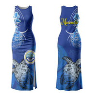 Micronesia Sea Turtle Family Matching Tank Maxi Dress and Hawaiian Shirt Federated States Of Micronesia Tribal Floral Pattern TS04 Mom's Dress Blue White - Polynesian Pride