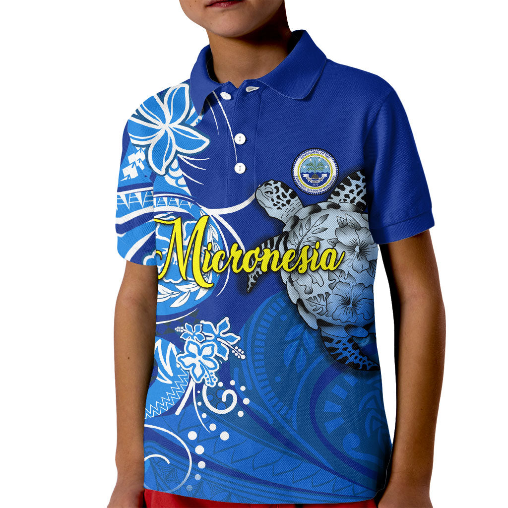 Micronesia Sea Turtle Kid Polo Shirt Federated States Of Micronesia Tribal Floral Pattern TS04 Kid Blue White - Polynesian Pride