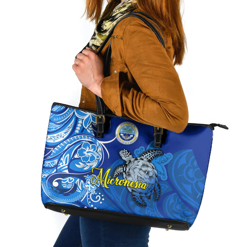 Micronesia Sea Turtle Leather Tote Bag Federated States Of Micronesia Tribal Floral Pattern TS04 Blue White - Polynesian Pride