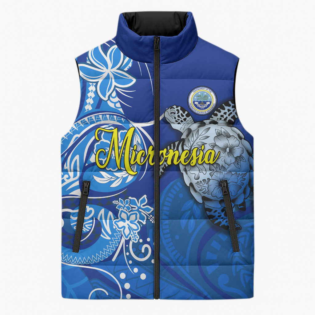 Micronesia Sea Turtle Sleeveless Puffer Jacket Federated States Of Micronesia Tribal Floral Pattern TS04 Unisex Blue White - Polynesian Pride