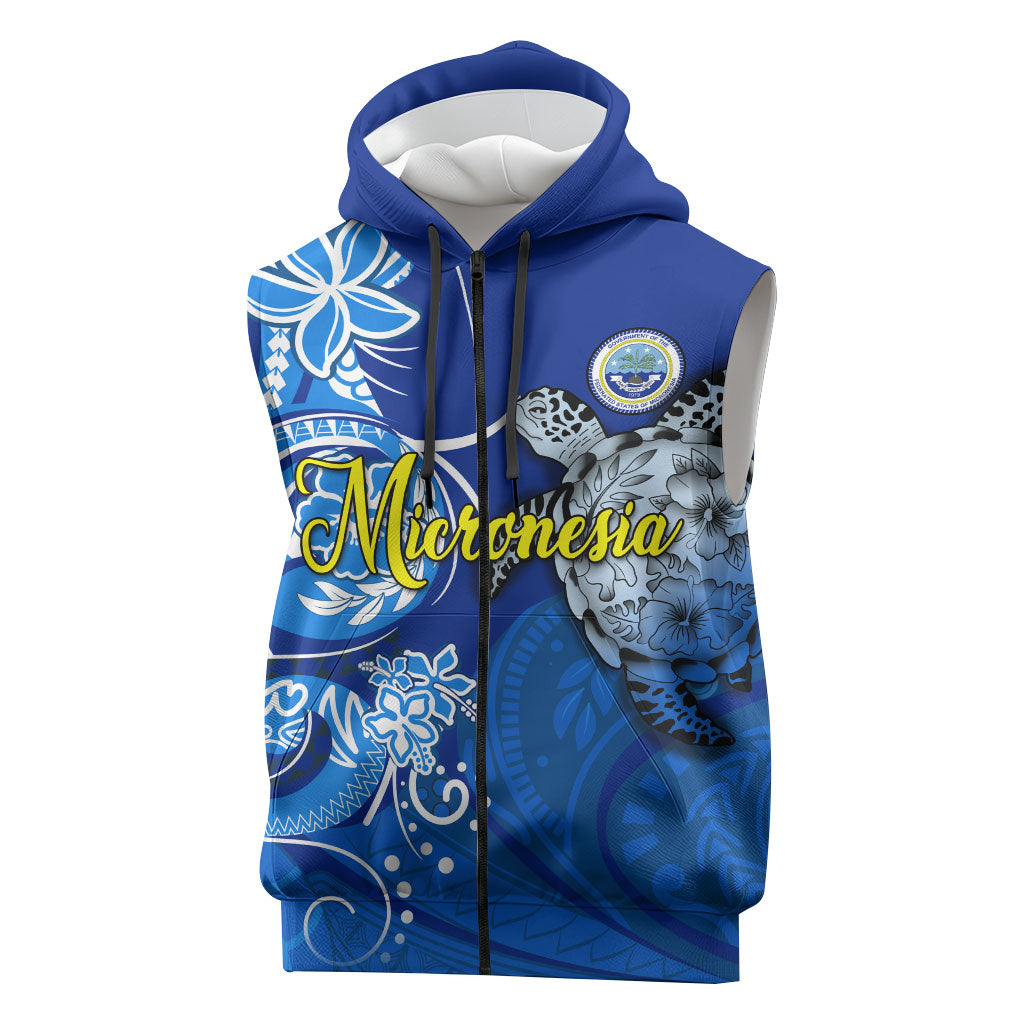 Micronesia Sea Turtle Sleeveless Zip Hoodie Federated States Of Micronesia Tribal Floral Pattern TS04 Blue White - Polynesian Pride