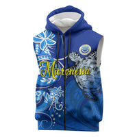 Micronesia Sea Turtle Sleeveless Zip Hoodie Federated States Of Micronesia Tribal Floral Pattern TS04 Blue White - Polynesian Pride