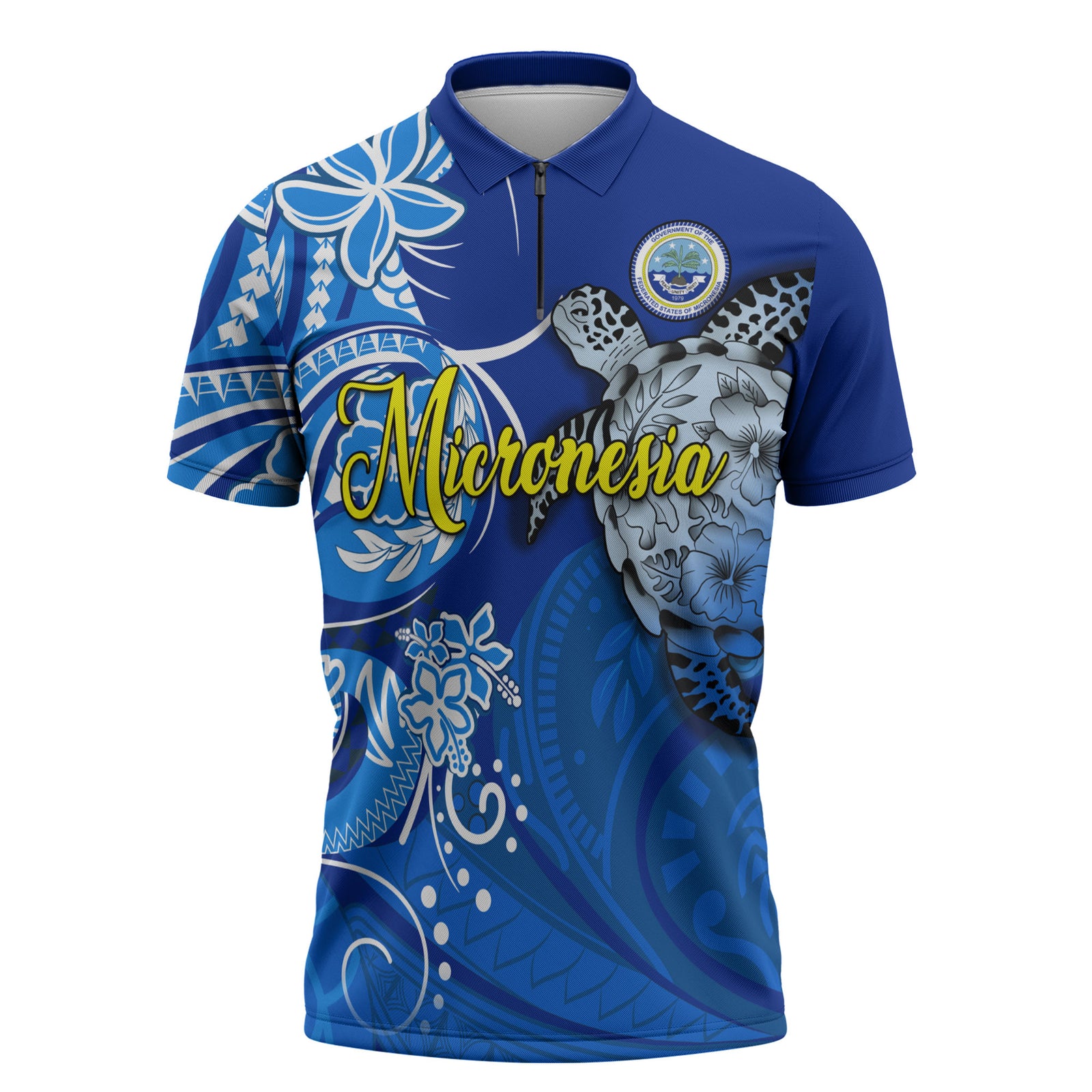 Micronesia Sea Turtle Zipper Polo Shirt Federated States Of Micronesia Tribal Floral Pattern