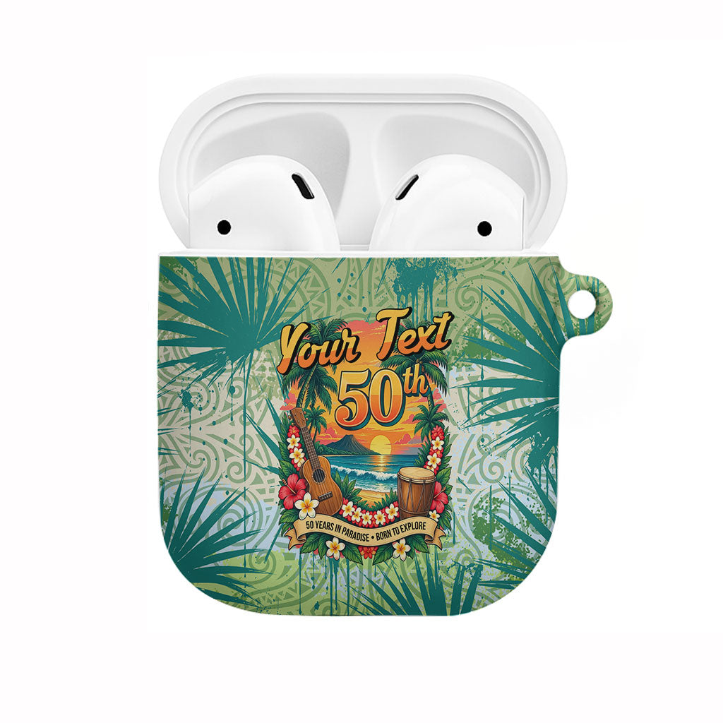 Personalized Polynesia 50th Birthday AirPods Case Vintage Hawaiian Floral Ukulele Tropical Sunset Art