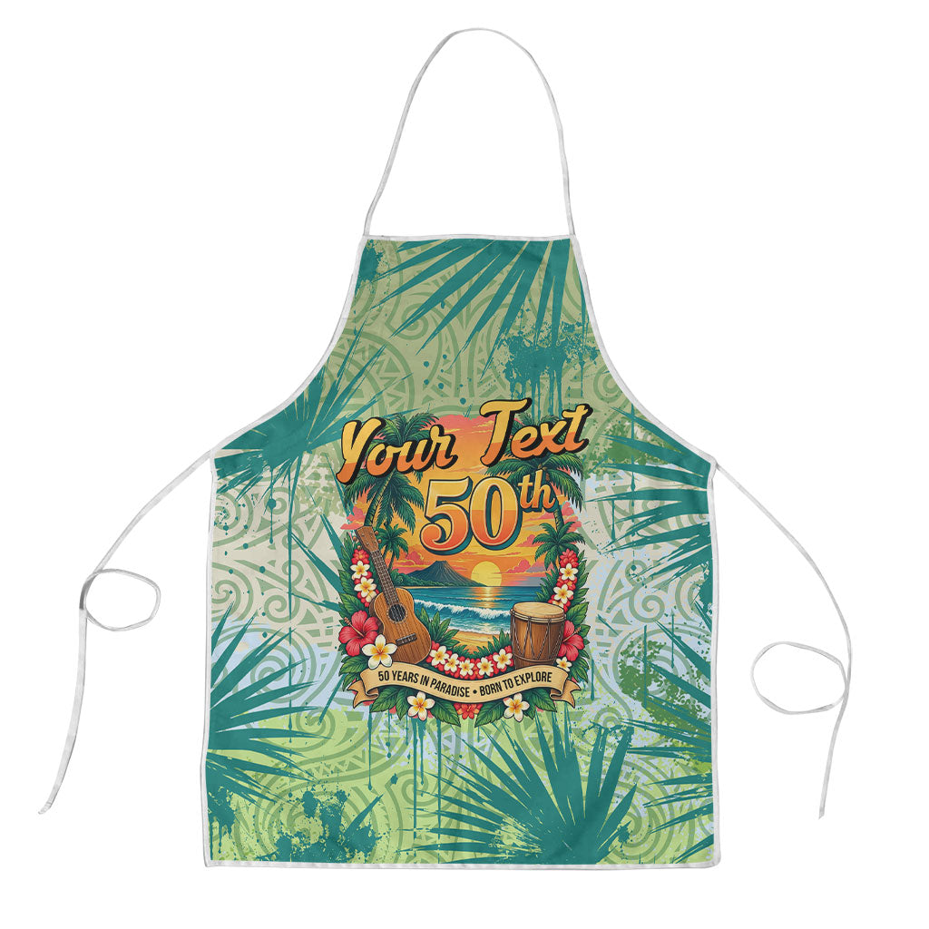 Personalized Polynesia 50th Birthday Apron Vintage Hawaiian Floral Ukulele Tropical Sunset Art TS04 Green - Polynesian Pride