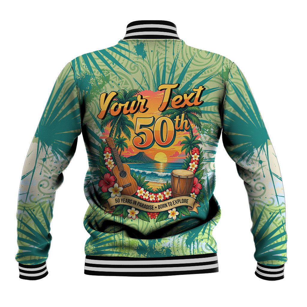 Personalized Polynesia 50th Birthday Baseball Jacket Vintage Hawaiian Floral Ukulele Tropical Sunset Art TS04 - Polynesian Pride