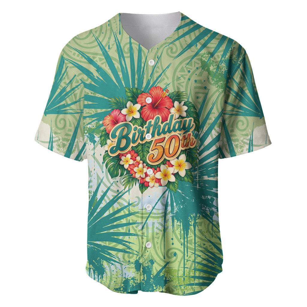 Personalized Polynesia 50th Birthday Baseball Jersey Vintage Hawaiian Floral Ukulele Tropical Sunset Art