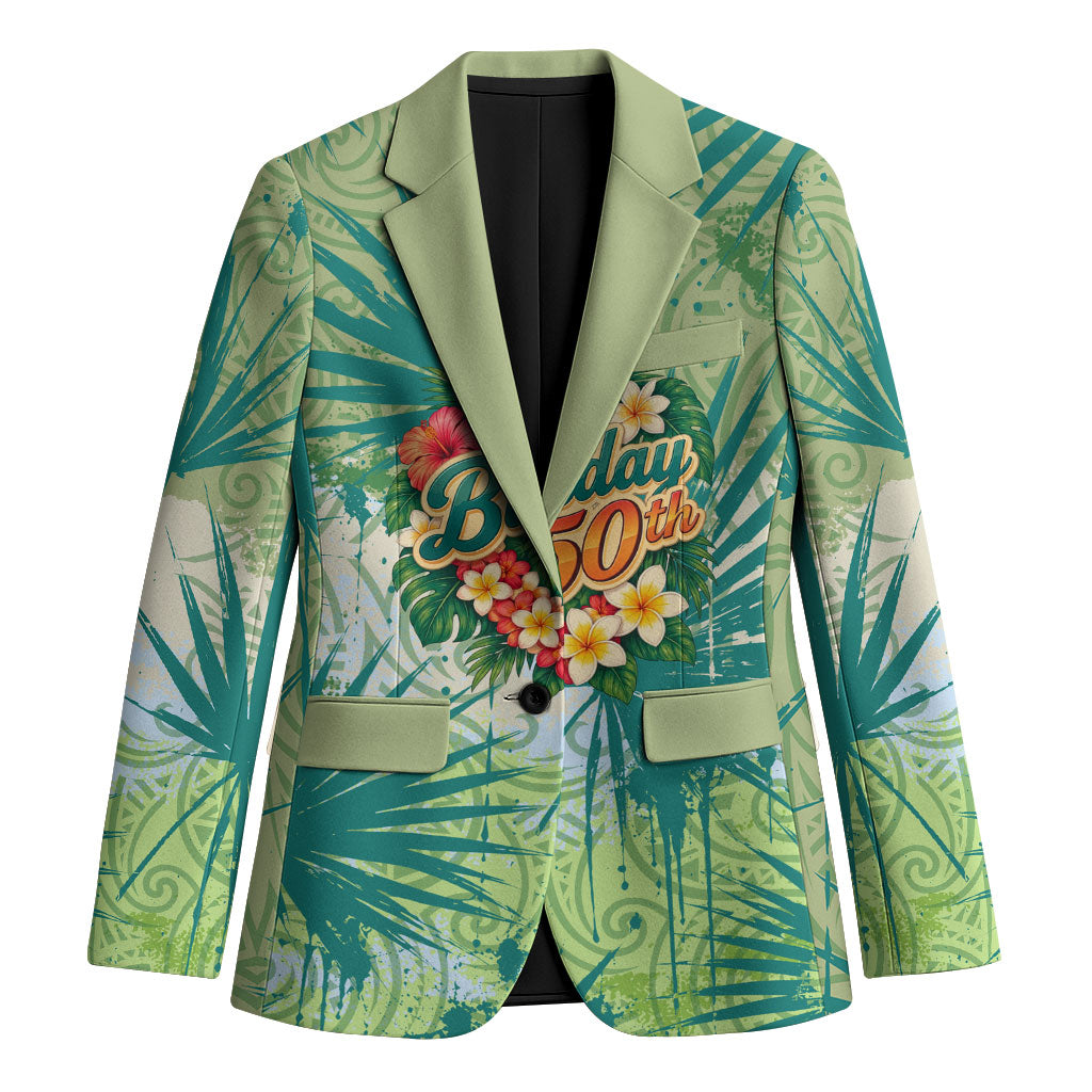 Personalized Polynesia 50th Birthday Blazer Vintage Hawaiian Floral Ukulele Tropical Sunset Art TS04 Unisex Green - Polynesian Pride