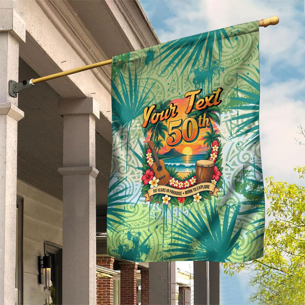 Personalized Polynesia 50th Birthday Garden Flag Vintage Hawaiian Floral Ukulele Tropical Sunset Art TS04 House Flag Green - Polynesian Pride