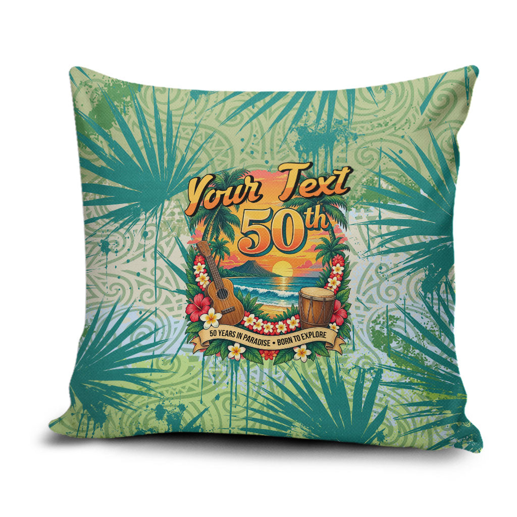Personalized Polynesia 50th Birthday Pillow Cover Vintage Hawaiian Floral Ukulele Tropical Sunset Art