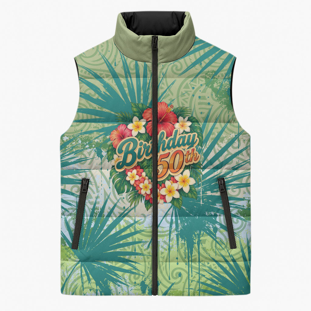 Personalized Polynesia 50th Birthday Sleeveless Puffer Jacket Vintage Hawaiian Floral Ukulele Tropical Sunset Art TS04 Unisex Green - Polynesian Pride