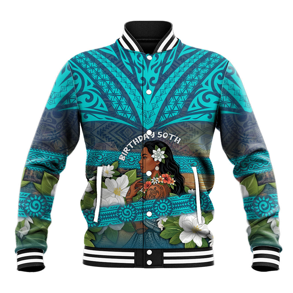 Personalized Polynesian Woman 50th Birthday Baseball Jacket Traditional Pacific Tribal Tattoo Floral Art TS04 Unisex Blue - Polynesian Pride