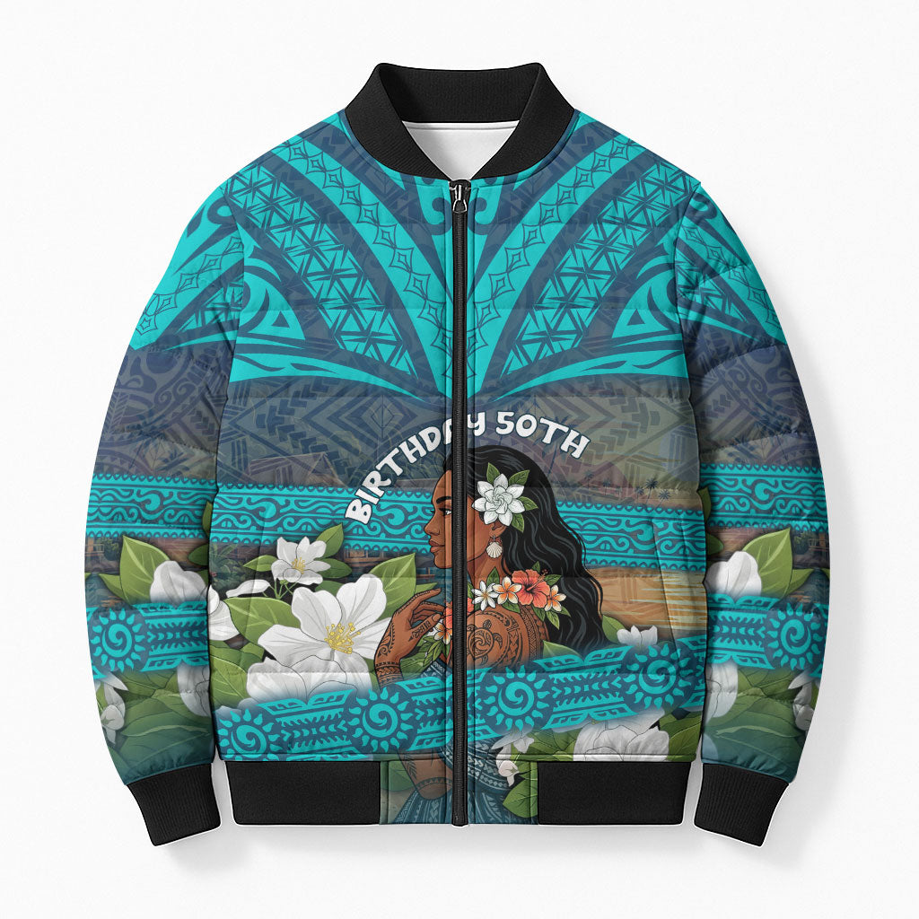 Personalized Polynesian Woman 50th Birthday Bomber Puffer Jacket Traditional Pacific Tribal Tattoo Floral Art TS04 Unisex Blue - Polynesian Pride