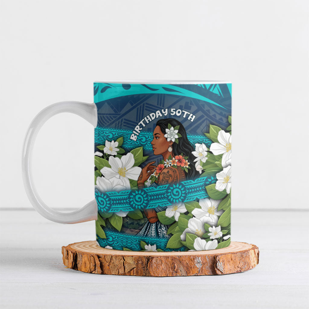 Personalized Polynesian Woman 50th Birthday Ceramic Mug Traditional Pacific Tribal Tattoo Floral Art