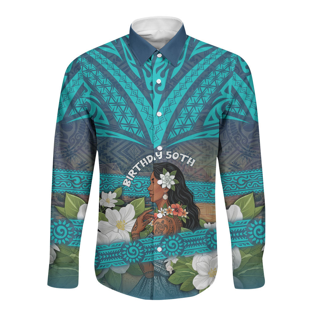 Personalized Polynesian Woman 50th Birthday Long Sleeve Button Shirt Traditional Pacific Tribal Tattoo Floral Art TS04 Unisex Blue - Polynesian Pride