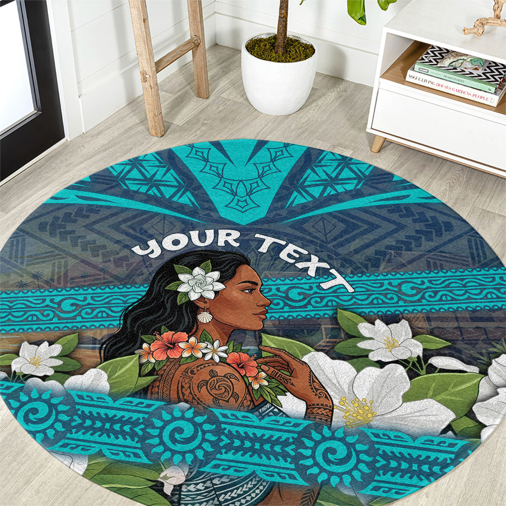 Personalized Polynesian Woman 50th Birthday Round Carpet Traditional Pacific Tribal Tattoo Floral Art TS04 Blue - Polynesian Pride