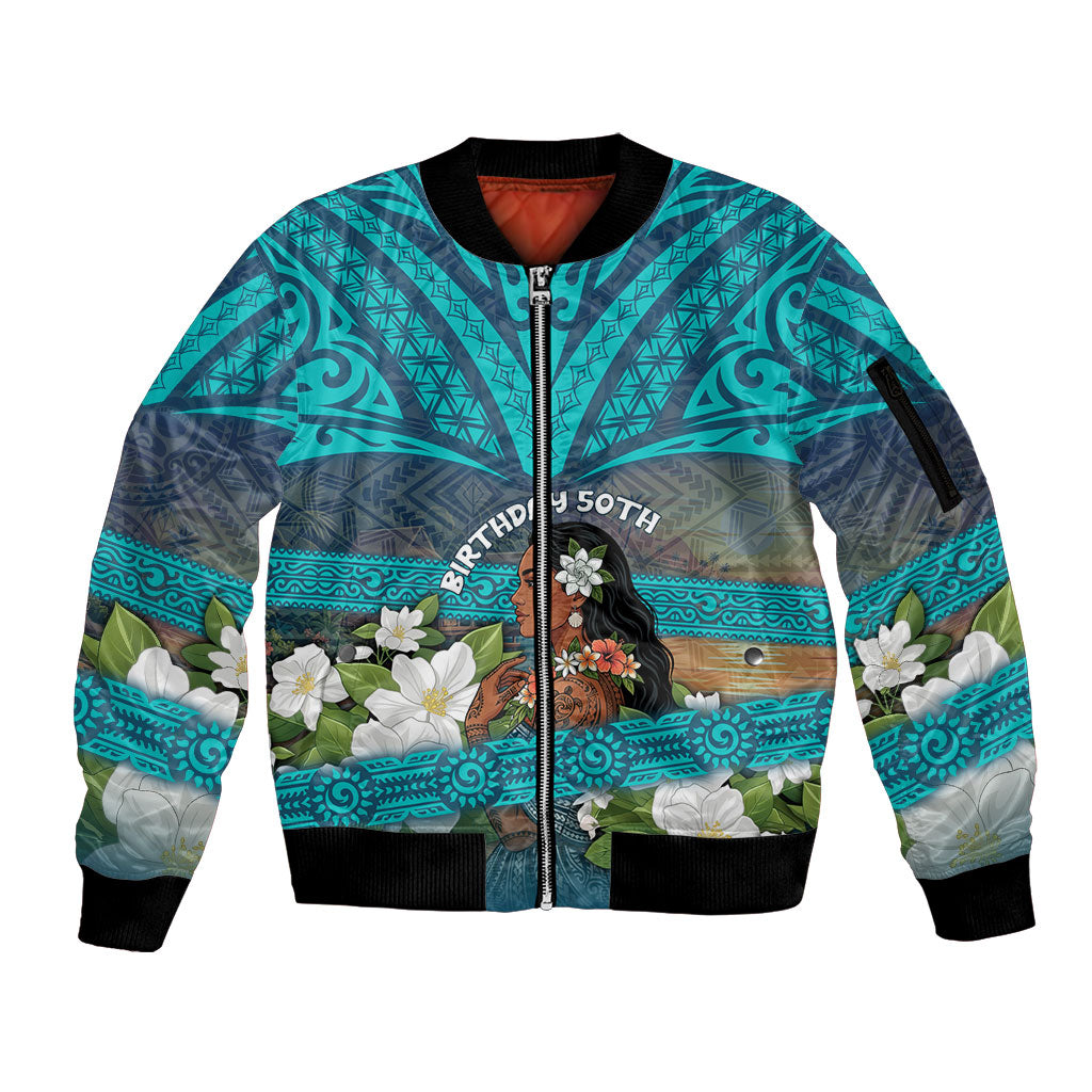 Personalized Polynesian Woman 50th Birthday Sleeve Zip Bomber Jacket Traditional Pacific Tribal Tattoo Floral Art TS04 Unisex Blue - Polynesian Pride