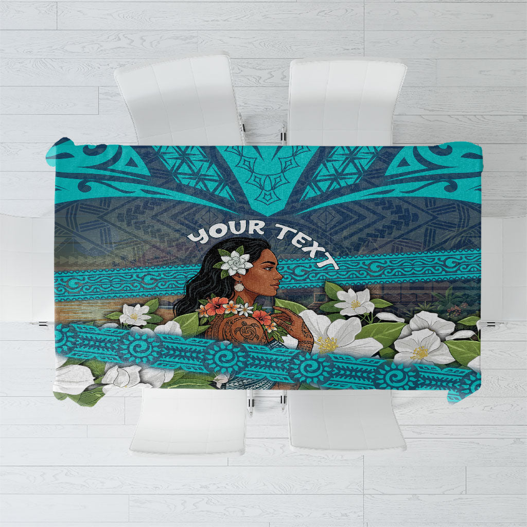 Personalized Polynesian Woman 50th Birthday Tablecloth Traditional Pacific Tribal Tattoo Floral Art TS04 Blue - Polynesian Pride