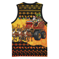 Tropical Christmas In July Santa Claus Basketball Jersey Festive Hawaiian With Beach Reindeer Sleigh