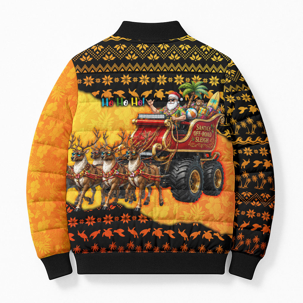 Tropical Christmas In July Santa Claus Bomber Puffer Jacket Festive Hawaiian With Beach Reindeer Sleigh