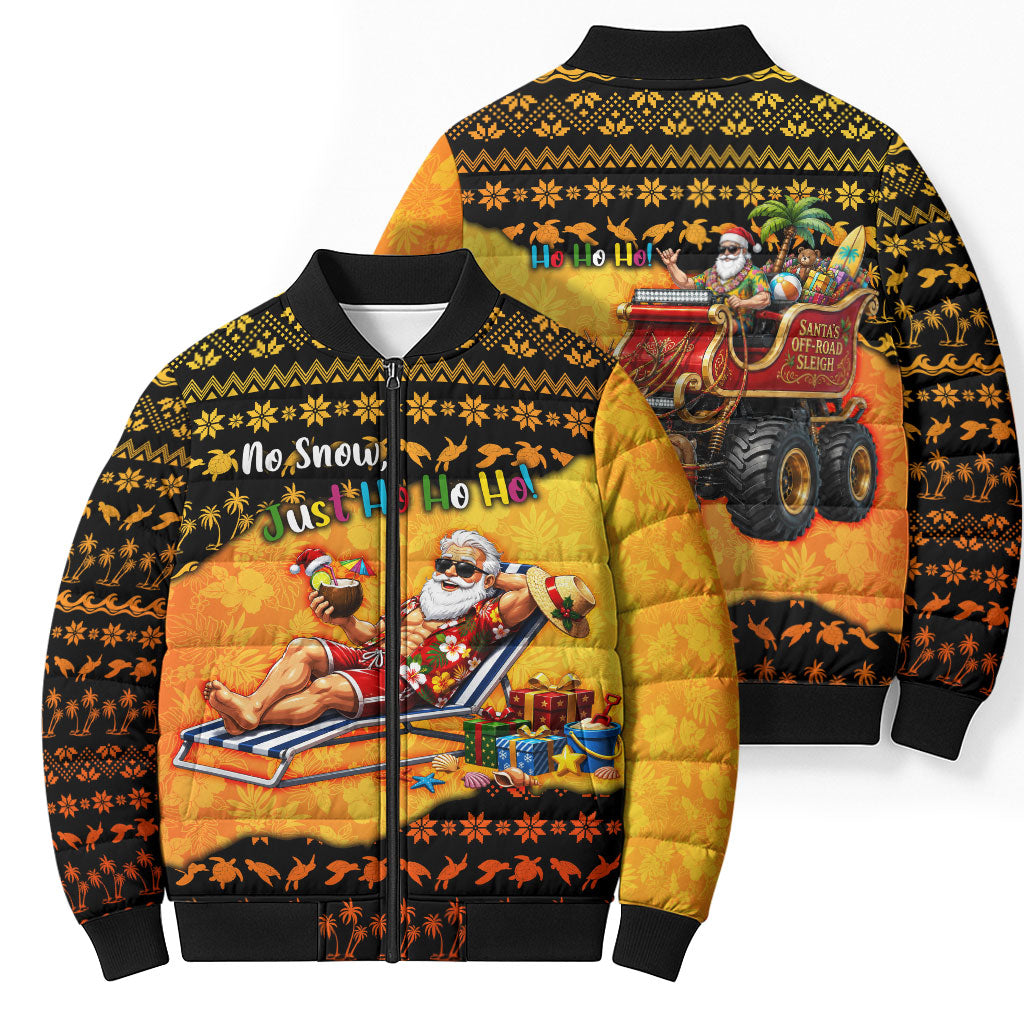 Tropical Christmas In July Santa Claus Bomber Puffer Jacket Festive Hawaiian With Beach Reindeer Sleigh