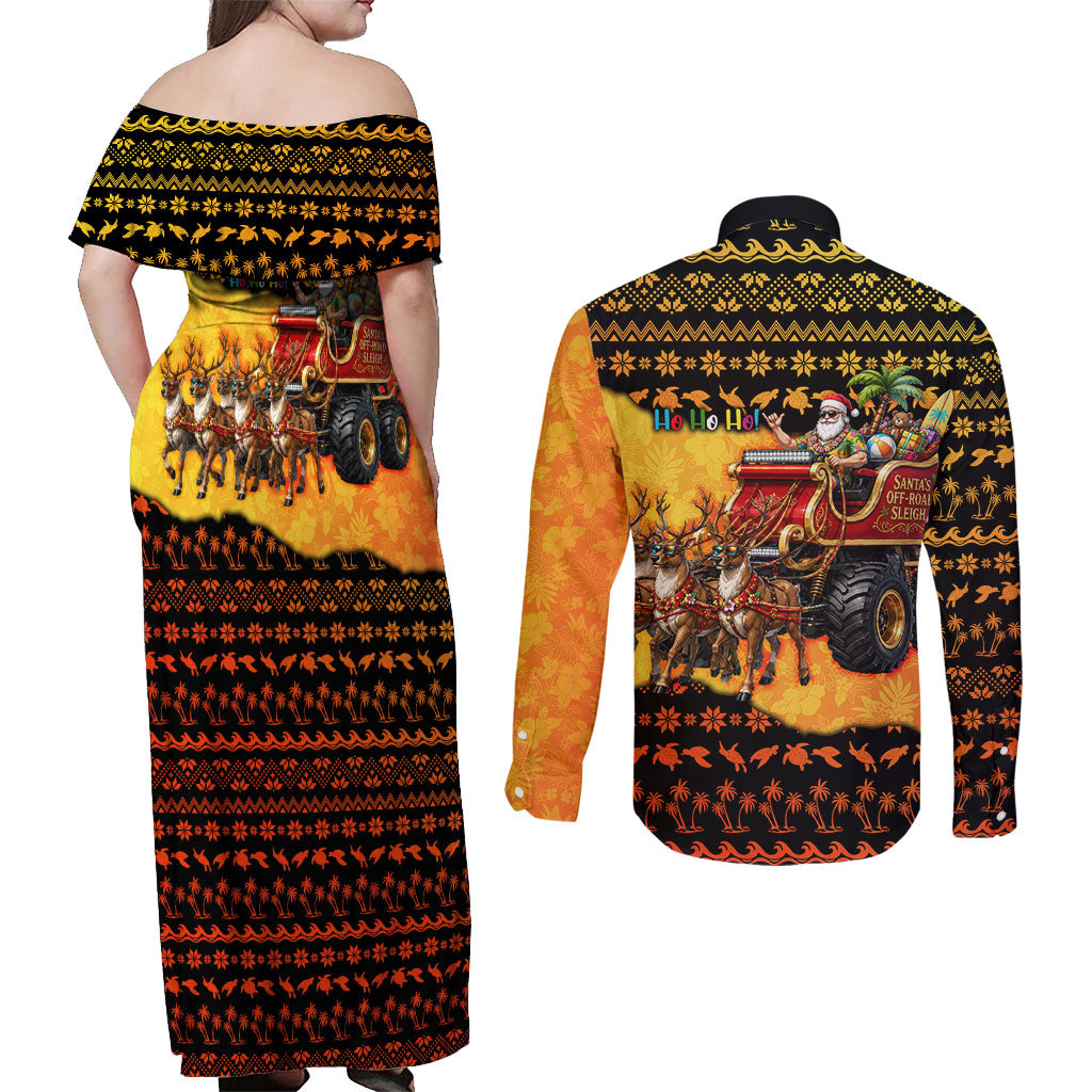 Tropical Christmas In July Santa Claus Couples Matching Off Shoulder Maxi Dress and Long Sleeve Button Shirt Festive Hawaiian With Beach Reindeer Sleigh
