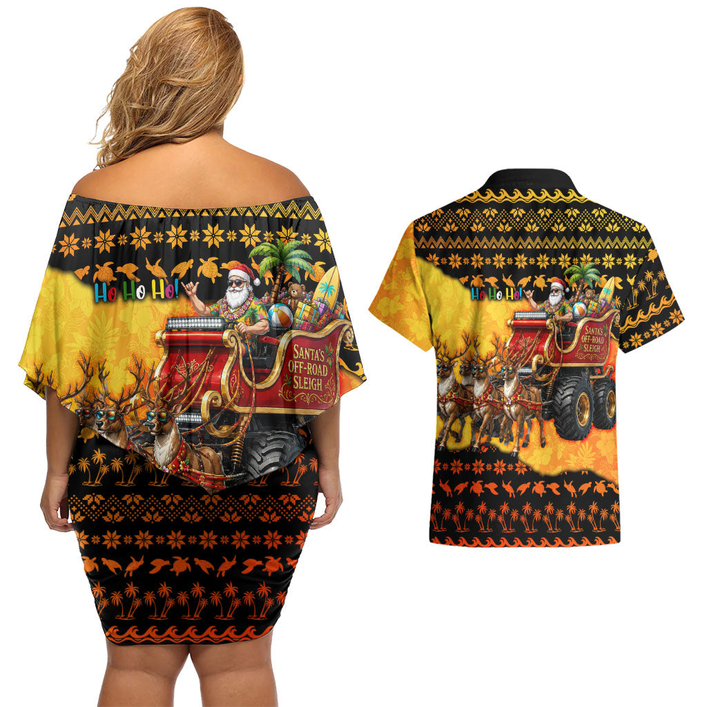 Tropical Christmas In July Santa Claus Couples Matching Off Shoulder Short Dress and Hawaiian Shirt Festive Hawaiian With Beach Reindeer Sleigh