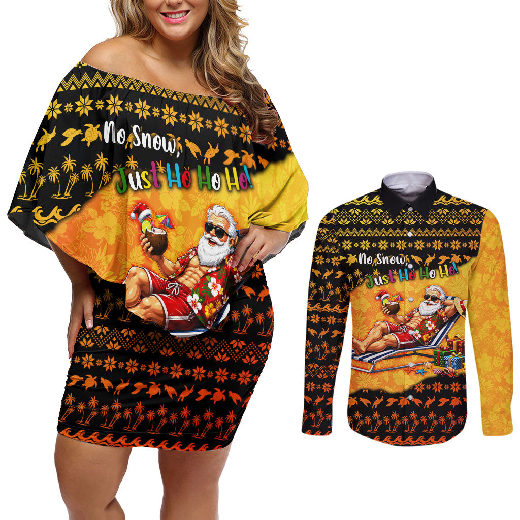 Tropical Christmas In July Santa Claus Couples Matching Off Shoulder Short Dress and Long Sleeve Button Shirt Festive Hawaiian With Beach Reindeer Sleigh
