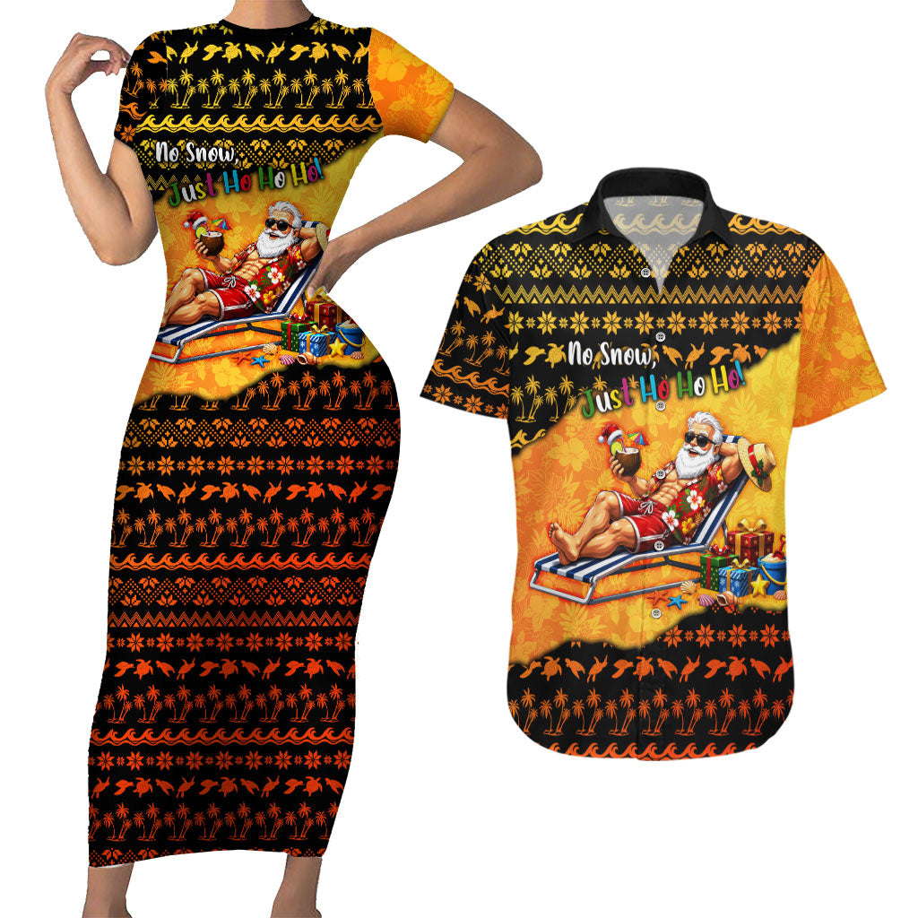 Tropical Christmas In July Santa Claus Couples Matching Short Sleeve Bodycon Dress and Hawaiian Shirt Festive Hawaiian With Beach Reindeer Sleigh