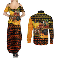 Tropical Christmas In July Santa Claus Couples Matching Summer Maxi Dress and Long Sleeve Button Shirt Festive Hawaiian With Beach Reindeer Sleigh