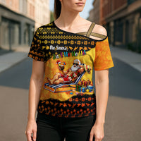 Tropical Christmas In July Santa Claus Cross Shoulder Shirt Festive Hawaiian With Beach Reindeer Sleigh