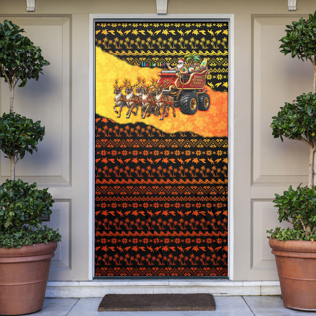 Tropical Christmas In July Santa Claus Door Cover Festive Hawaiian With Beach Reindeer Sleigh TS04 Orange Black - Polynesian Pride