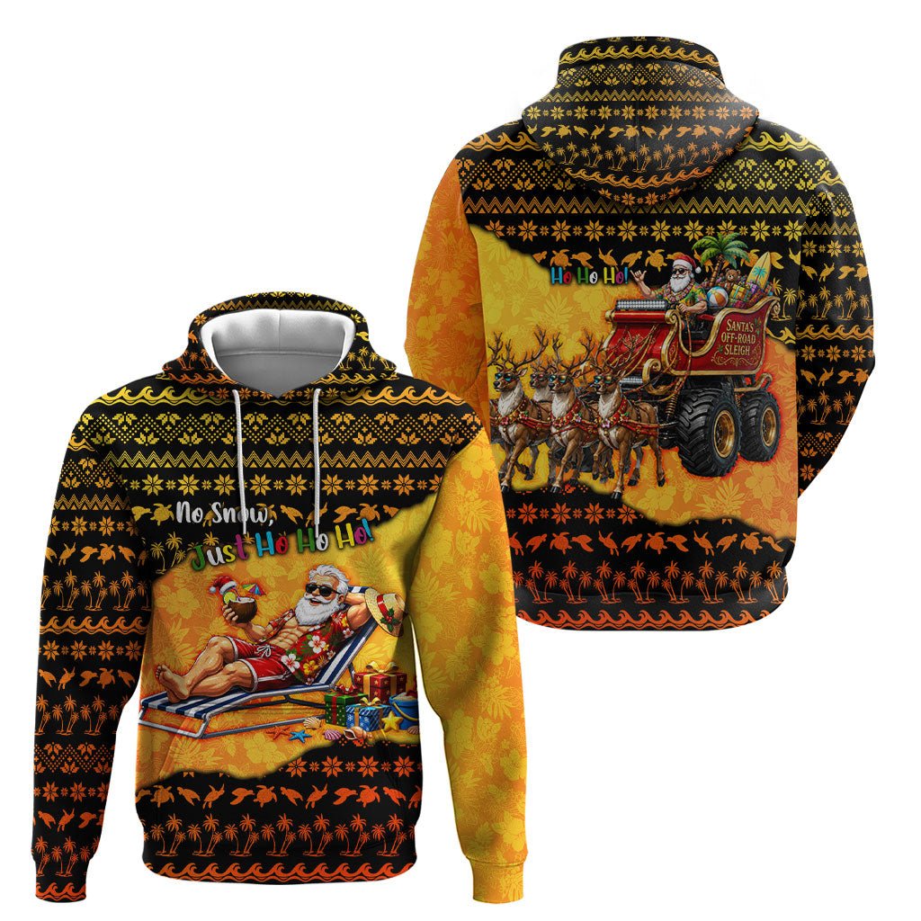 Tropical Christmas In July Santa Claus Hoodie Festive Hawaiian With Beach Reindeer Sleigh