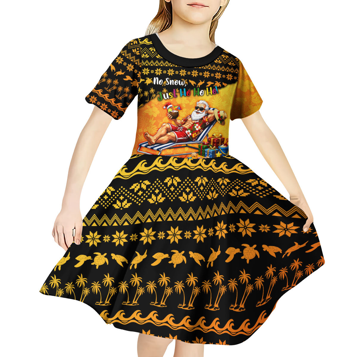 Tropical Christmas In July Santa Claus Kid Short Sleeve Dress Festive Hawaiian With Beach Reindeer Sleigh