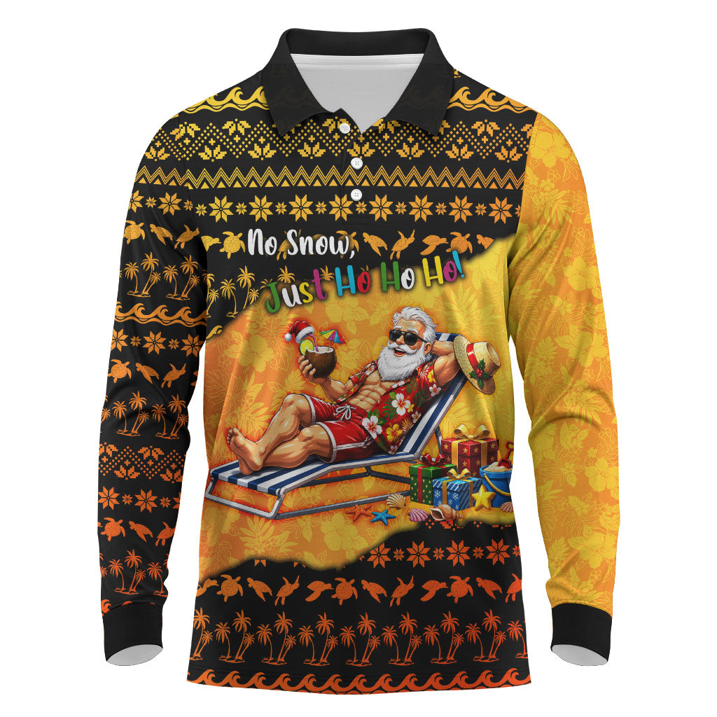 Tropical Christmas In July Santa Claus Long Sleeve Polo Shirt Festive Hawaiian With Beach Reindeer Sleigh