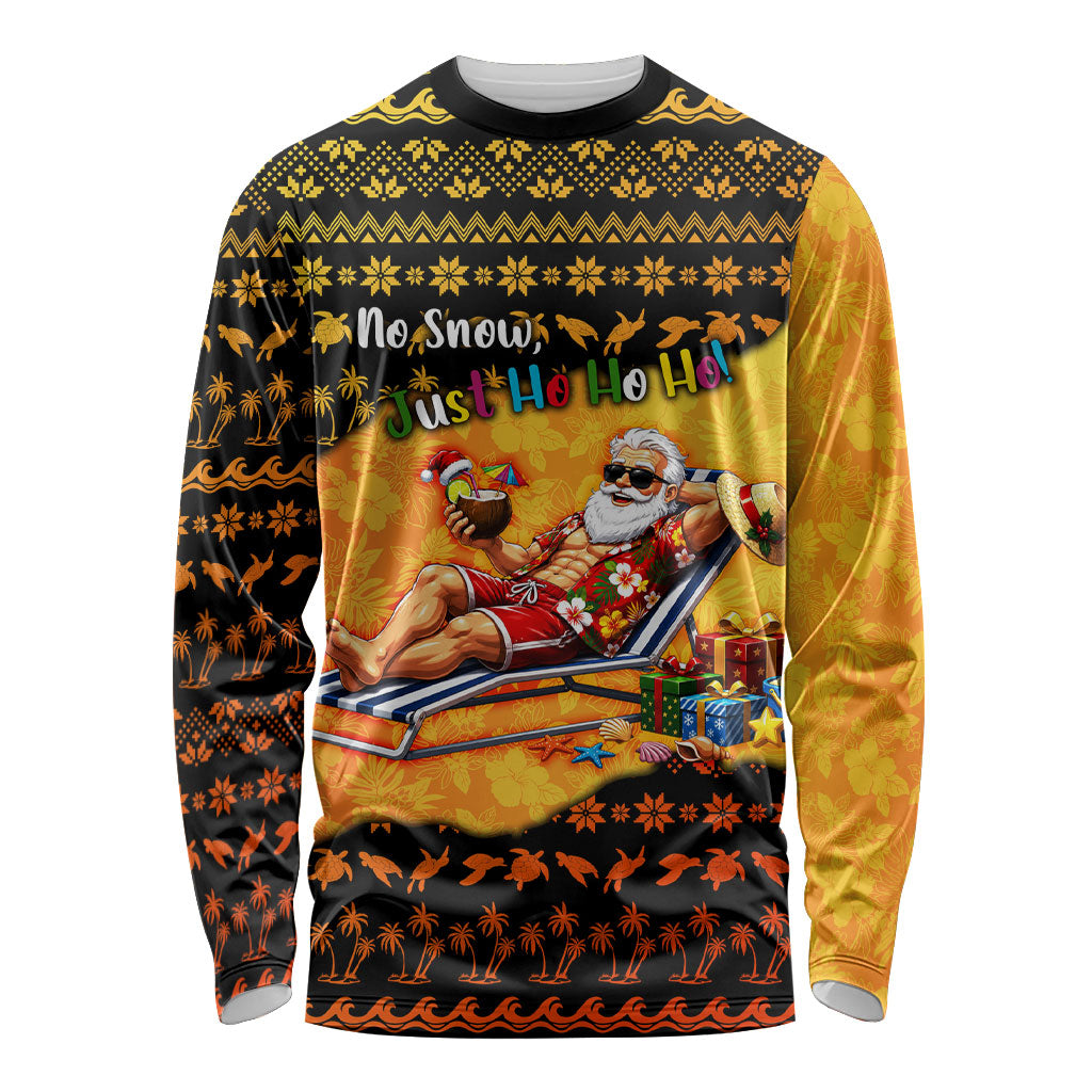Tropical Christmas In July Santa Claus Long Sleeve Shirt Festive Hawaiian With Beach Reindeer Sleigh TS04 Unisex Orange Black - Polynesian Pride
