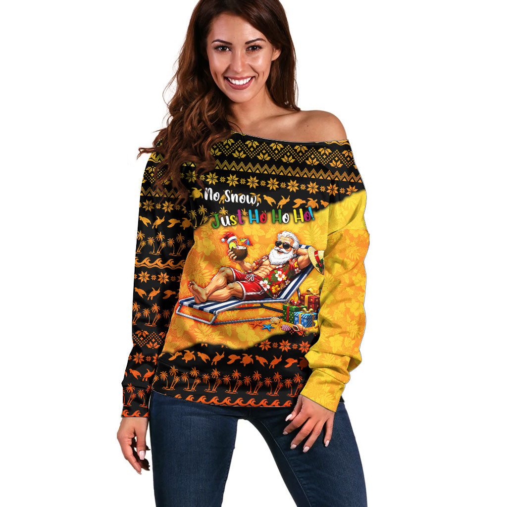 Tropical Christmas In July Santa Claus Off Shoulder Sweater Festive Hawaiian With Beach Reindeer Sleigh TS04 Women Orange Black - Polynesian Pride