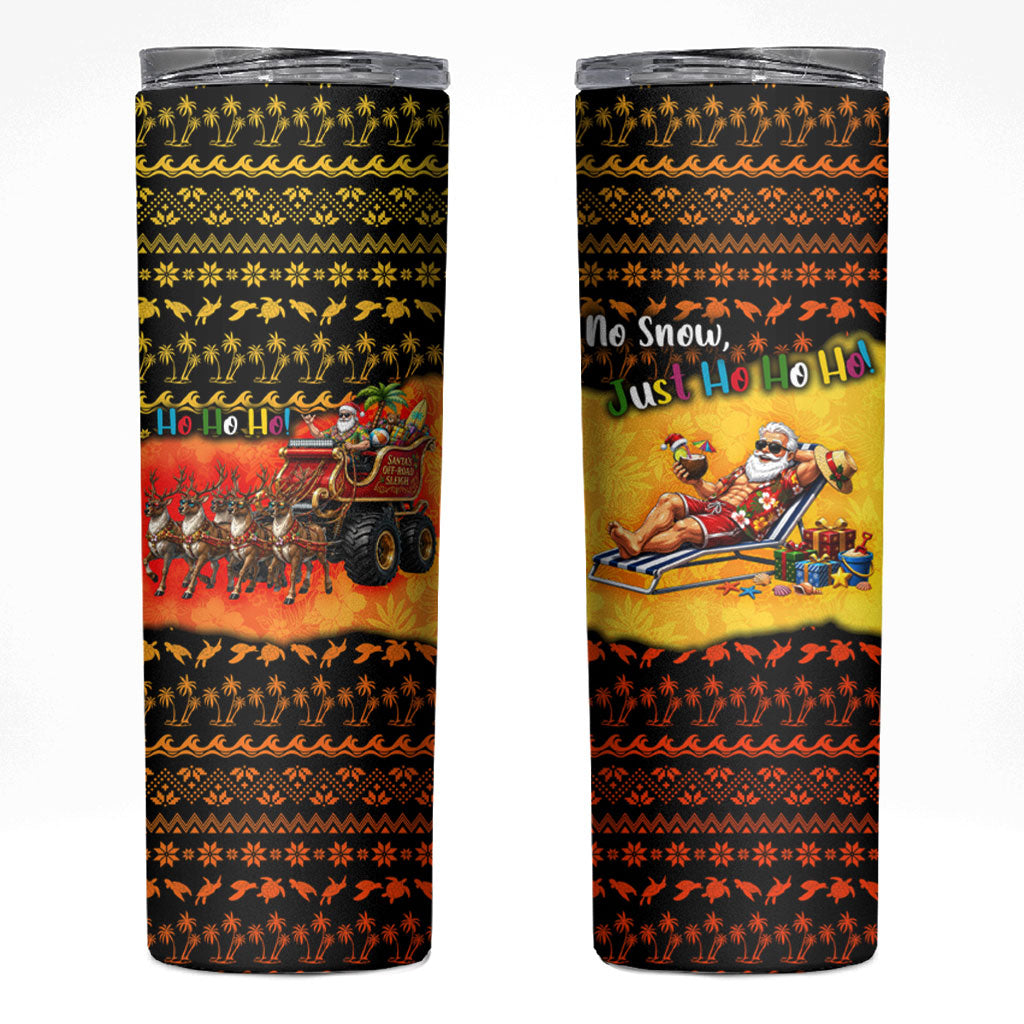 Tropical Christmas In July Santa Claus Skinny Tumbler Festive Hawaiian With Beach Reindeer Sleigh