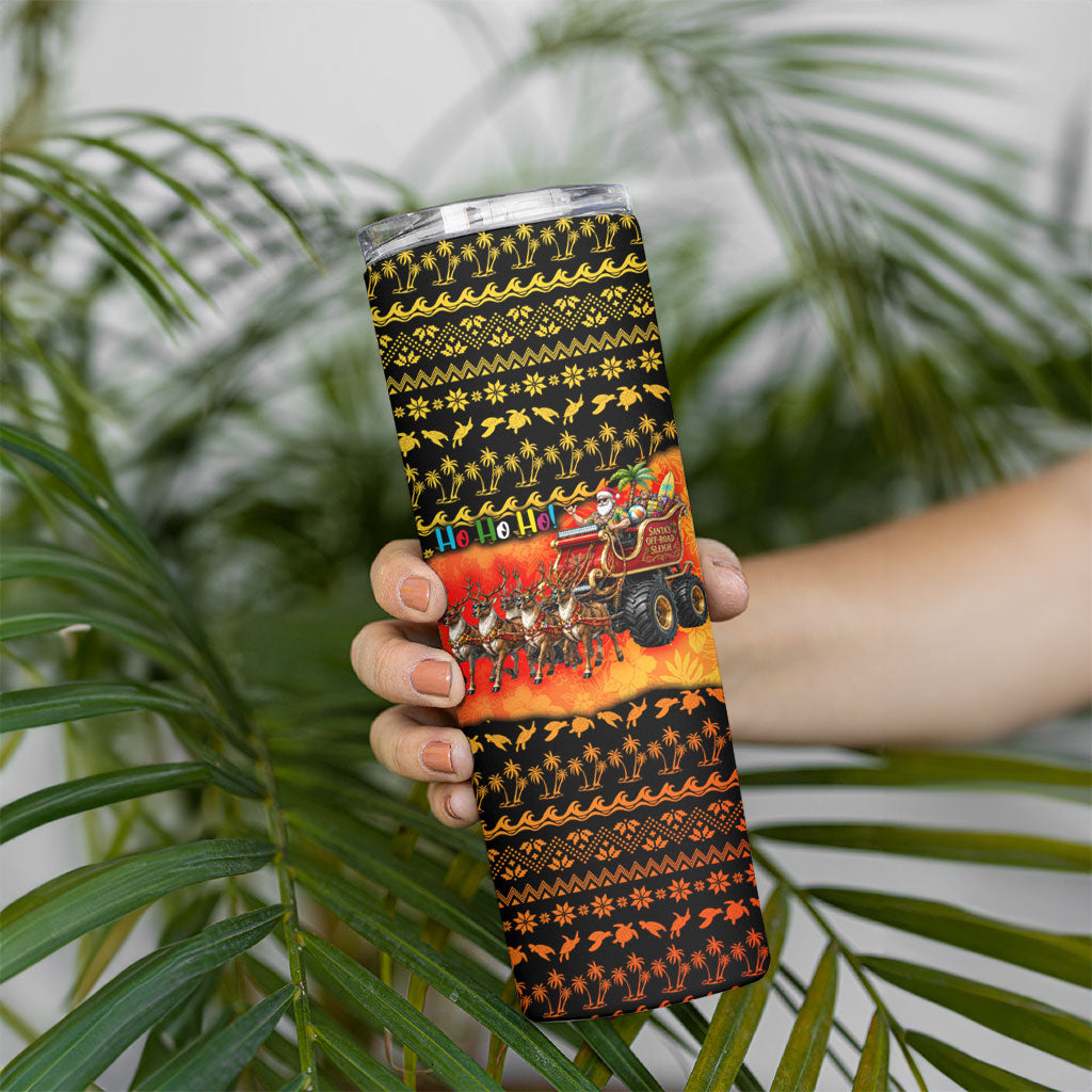 Tropical Christmas In July Santa Claus Skinny Tumbler Festive Hawaiian With Beach Reindeer Sleigh