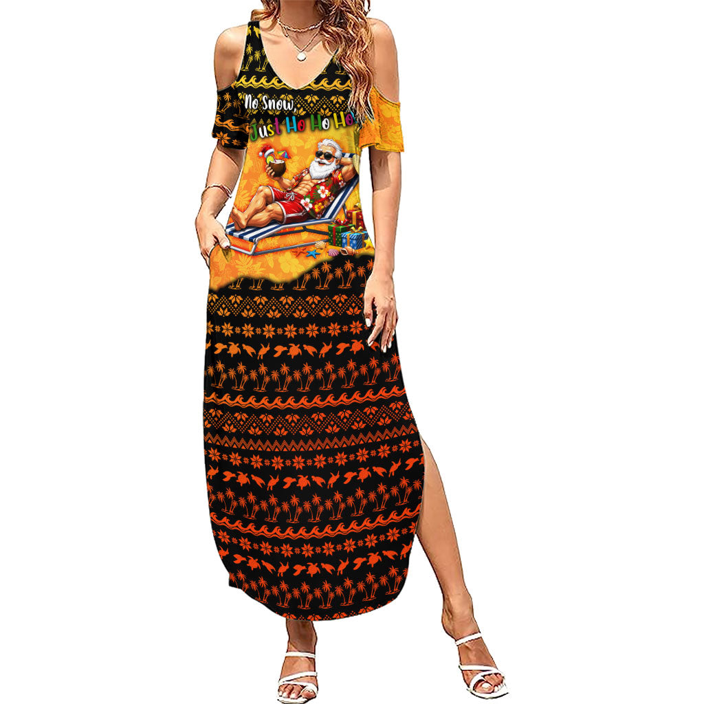 Tropical Christmas In July Santa Claus Summer Maxi Dress Festive Hawaiian With Beach Reindeer Sleigh TS04 Women Orange Black - Polynesian Pride