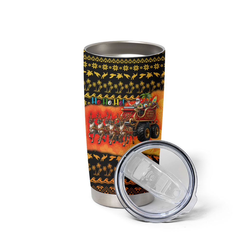 Tropical Christmas In July Santa Claus Tumbler Cup Festive Hawaiian With Beach Reindeer Sleigh