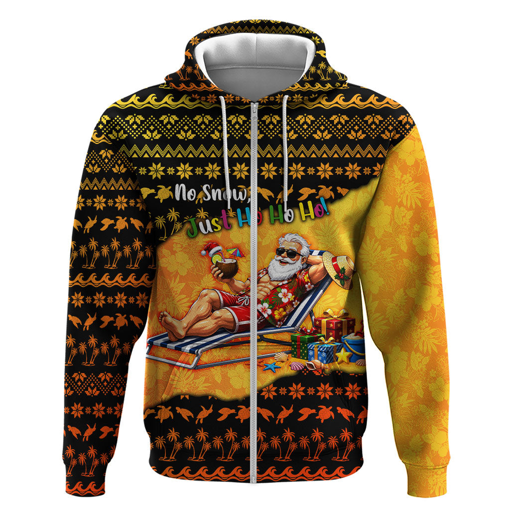 Tropical Christmas In July Santa Claus Zip Hoodie Festive Hawaiian With Beach Reindeer Sleigh TS04 Zip Hoodie Orange Black - Polynesian Pride