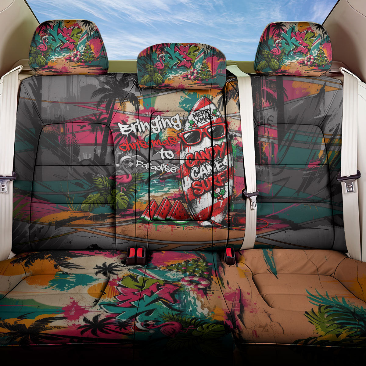 Tropical Christmas In July Candy Cane Surf Back Car Seat Cover Vibrant Street Art Beach Graffiti Graphic TS04 One Size Orange Grey - Polynesian Pride