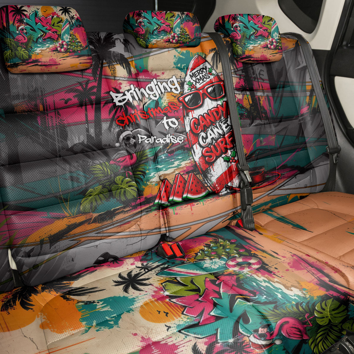 Tropical Christmas In July Candy Cane Surf Back Car Seat Cover Vibrant Street Art Beach Graffiti Graphic