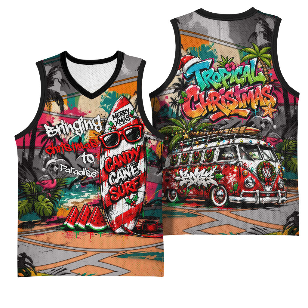 Tropical Christmas In July Candy Cane Surf Basketball Jersey Vibrant Street Art Beach Graffiti Graphic