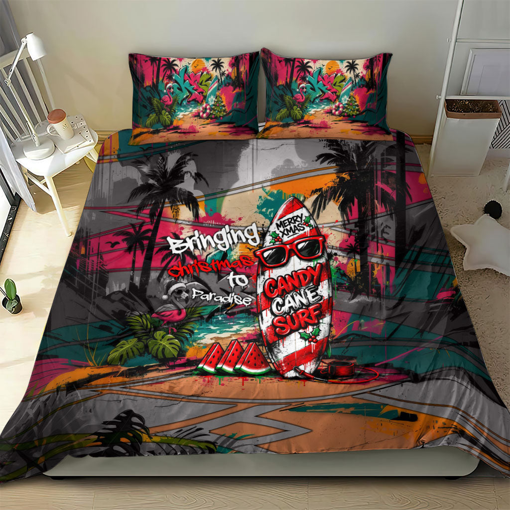 Tropical Christmas In July Candy Cane Surf Bedding Set Vibrant Street Art Beach Graffiti Graphic